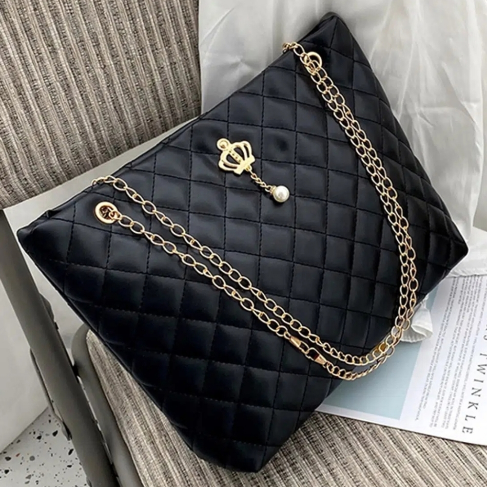 Women's Large Capacity Chain Tote Bag, Quilted Crown Decor Shoulder Bag
